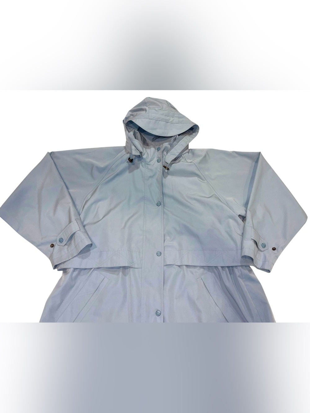Vintage 80s L.L. Bean Full Length Raincoat Light Blue Hooded Long Trench Coat XL - Picture 12 of 16